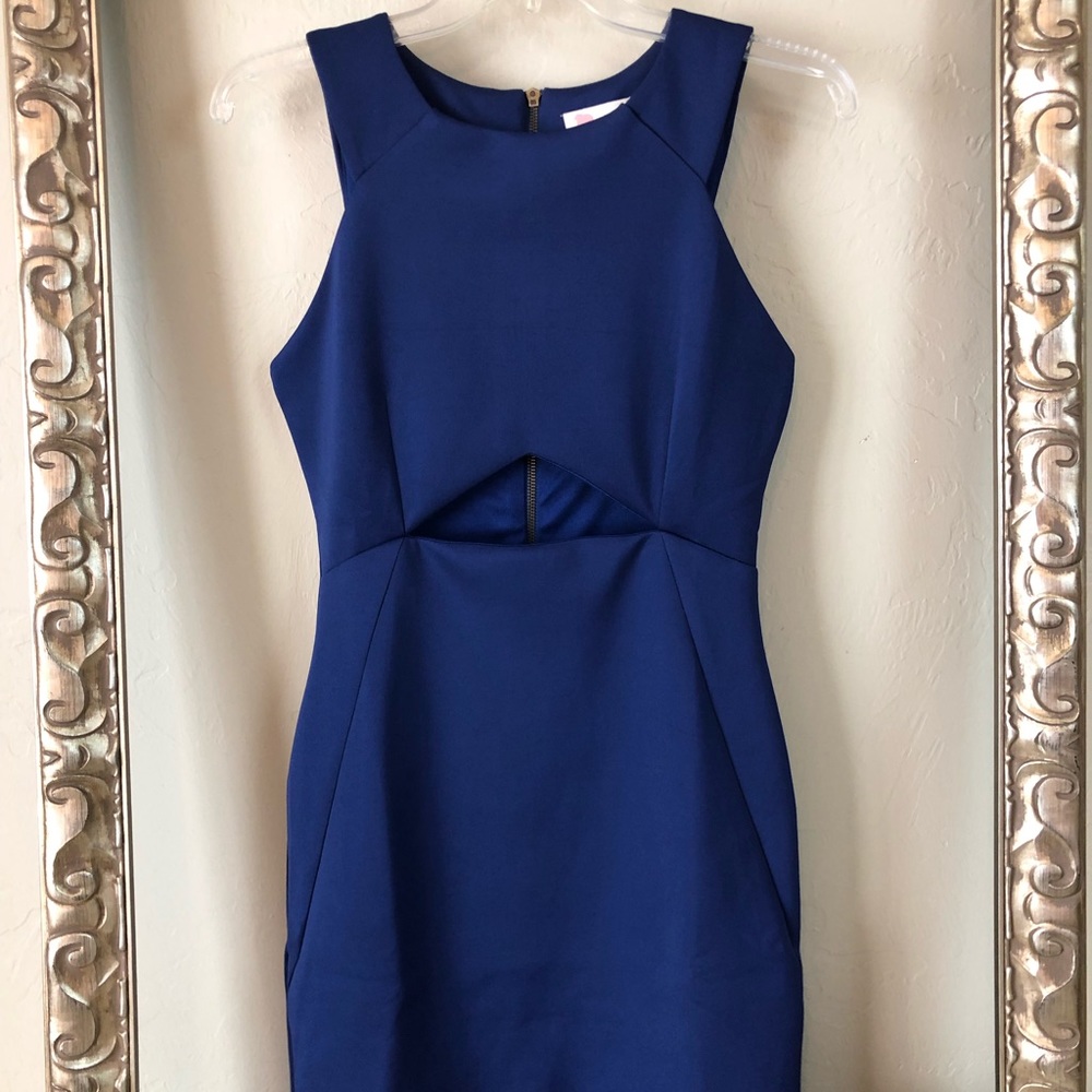 Royal blue mini dress with midriff cutout